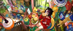Rule 34 | 1girl, bag, black hair, blue eyes, cat, couch, egg (food), food, food in mouth, fried egg, fuzichoco, grass, hair ornament, highres, holding, hood, hooded sweater, long sleeves, looking at viewer, multicolored hair, original, pillow, pink umbrella, plant, purple hair, red sweater, retro artstyle, sandwiched, short hair, sitting, stairs, sweater, table, umbrella, window, wooden floor