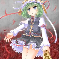 Rule 34 | 1girl, blue eyes, breasts, female focus, flower, green hair, hat, koza, kozakura (dictionary), ribbon, rod of remorse, serious, shiki eiki, short hair, skirt, small breasts, solo, spider lily, touhou