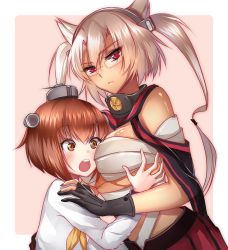 Rule 34 | 10s, 2girls, bad id, bad pixiv id, bandages around chest, between breasts, black nails, blonde hair, blush, breast awe, breast smother, breasts, brown eyes, brown hair, budget sarashi, collarbone, dark-skinned female, dark skin, dress, face to breasts, fingerless gloves, glasses, gloves, hair ornament, head between breasts, headgear, hug, kantai collection, large breasts, long hair, looking at another, looking at breasts, meaomao, multiple girls, musashi (kancolle), nail polish, open mouth, panties, pink background, pleated skirt, pointy hair, red eyes, round teeth, sailor dress, sarashi, school uniform, serafuku, shiny skin, short hair, simple background, sketch, skirt, surprised, teeth, tsurime, twintails, two side up, underwear, upper body, white panties, yukikaze (kancolle)