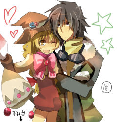 Rule 34 | 1boy, 1girl, beryl benito, black hair, blonde hair, brush, fur, gloves, goggles, hat, heart, hisui hearts, jacket, one eye closed, open mouth, purple eyes, ribbon, short hair, star (symbol), tales of (series), tales of hearts, wide sleeves, wink, witch hat, yellow eyes