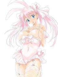 Rule 34 | 1girl, :o, animal ears, blue eyes, bow, breasts, frilled clothing, hair bow, hands on breasts, high heels, highres, large breasts, long hair, looking at viewer, michael f91, open mouth, pink footwear, pink hair, rabbit ears, simple background, solo, thighhighs, white background