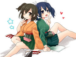 Rule 34 | 10s, 2girls, :d, ;), back-to-back, blue eyes, blue hair, blush, breasts, brown eyes, brown hair, clog sandals, heart, hiryuu (kancolle), holding hands, japanese clothes, kantai collection, large breasts, multiple girls, muneate, nagasioo, okobo, one eye closed, open mouth, pentacle, personification, ribbon, sandals, short hair, side ponytail, sitting, skirt, smile, souryuu (kancolle), star (symbol), tabi, twintails, v, wink