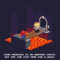 Rule 34 | 1boy, 1girl, armlet, axe, black dress, blonde hair, blue eyes, bowsette, brick wall, bridge, chibi, crown, cyan square, diorama, dress, earrings, english text, full body, grin, hat, high ponytail, horns, indoors, isometric, jewelry, long hair, long sleeves, looking at another, mario, mario (series), lava, new super mario bros. u deluxe, nintendo, overalls, pixel art, ponytail, smile, spiked shell, spikes, standing, strapless, strapless dress, super crown, sweater, turtle shell