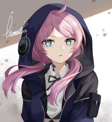 Rule 34 | 1girl, ahoge, arknights, black ribbon, blue eyes, blue jacket, blue poison (arknights), blurry, blurry background, collared shirt, commentary request, depth of field, dress shirt, floating hair, hair over shoulder, highres, hood, hood up, hooded jacket, itonatsu, jacket, long hair, looking at viewer, low twintails, neck ribbon, parted bangs, parted lips, pink hair, ribbon, shirt, signature, solo, twintails, upper body, white shirt