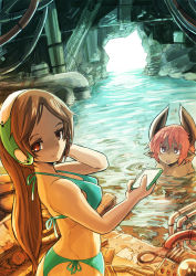 Rule 34 | 2girls, aqua bikini, bad id, bad pixiv id, bikini, blue bikini, brown hair, cable, character request, colored eyelashes, highres, horns, long hair, monster girl, multiple girls, partially submerged, pink eyes, pink hair, pointy ears, red eyes, red hair, ruins, short hair, side-tie bikini bottom, smile, sonjow4, swimsuit, water, wire
