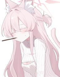 Rule 34 | 1girl, absurdres, akira (blue archive), animal ear fluff, animal ears, blue archive, blush, cat ears, cat tail, cleavage cutout, closed eyes, clothing cutout, colored eyelashes, danbal, food, food in mouth, hair between eyes, halo, highres, long hair, pink hair, pink halo, pocky, pocky day, pocky in mouth, ribbed sweater, simple background, solo, sweater, tail, upper body, white background, white sweater