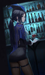 Rule 34 | 1girl, absurdres, alcohol, ass, bar (place), black hair, black pantyhose, black ribbon, black skirt, blue cape, blue hat, bottle, cape, clorinde (genshin impact), commentary, cup, dress, drinking glass, earrings, epaulettes, from behind, genshin impact, gloves, hair ribbon, hat, hidulume, highres, jewelry, long hair, low ponytail, pantyhose, pencil dress, purple eyes, ribbon, shirt, skirt, solo, thigh strap, tricorne, white gloves, white shirt, wine, wine bottle, wine glass