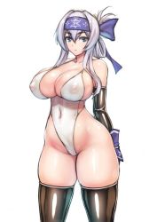 Rule 34 | 10s, 1girl, adapted costume, arms behind back, black gloves, black thighhighs, blue eyes, breasts, cleavage, covered erect nipples, covered navel, elbow gloves, folded ponytail, gloves, hair between eyes, headband, highleg, highleg leotard, huge breasts, kamoi (kancolle), kantai collection, leotard, rindou (radical dream), see-through, sidelocks, silver hair, simple background, solo, thighhighs, white background
