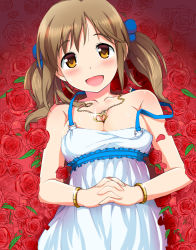 Rule 34 | 10s, 1girl, :d, bare shoulders, blush, bracelet, breasts, brown hair, cleavage, dress, flower, flower bed, happy, heart, heart necklace, idolmaster, idolmaster cinderella girls, jewelry, long hair, lying, medium breasts, natsuya (natuya777), necklace, on back, open mouth, own hands clasped, own hands together, rose, smile, solo, strap slip, sweat, totoki airi, twintails, yellow eyes