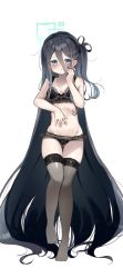 Rule 34 | 1girl, absurdly long hair, aris (blue archive), bare arms, bare shoulders, black bra, black hair, black hairband, black panties, black thighhighs, blue archive, blue eyes, blush, bra, breasts, collarbone, feet, full body, gluteal fold, hair between eyes, hairband, halo, highres, lace, lace-trimmed bra, lace-trimmed panties, lace trim, long hair, looking at viewer, namekuji (namekuzu), navel, no shoes, one side up, panties, simple background, small breasts, solo, standing, standing on one leg, stomach, thigh gap, thighhighs, underwear, underwear only, very long hair, white background
