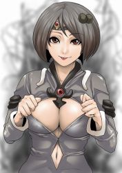 Rule 34 | breasts, brown eyes, cholesenel, cleavage, clothing cutout, grey hair, hair ornament, navel, navel cutout, norma beatty, tales of (series), tales of legendia