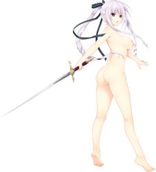 Rule 34 | 1girl, absurdres, ass, bad anatomy, barefoot, breasts, artistic error, feet, frey knowles, full body, hair ribbon, high ponytail, highres, holding, holding sword, holding weapon, iizuki tasuku, long hair, nipples, nude, open mouth, pink hair, purple eyes, ribbon, seikishi melty lovers, simple background, soles, solo, sword, warrior, weapon, white background