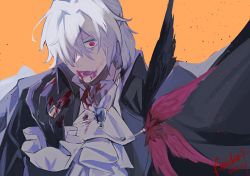Rule 34 | 1boy, antonio salieri (fate), antonio salieri (masquerade of the vampire) (fate), antonio salieri (second ascension) (fate), ascot, black coat, black gloves, blood, blood on clothes, blood on hands, bloody weapon, blue gemstone, brooch, coat, fangs, fate/grand order, fate (series), feathers, frilled sleeves, frills, gem, gloves, grey hair, hair between eyes, hair over one eye, half updo, highres, jewelry, kimidorix32, lapel pin, lapels, lower teeth only, male focus, medium hair, official alternate costume, orange background, red eyes, ring, shirt, simple background, solo, teeth, upper body, vampire, weapon, white ascot, white shirt, wide-eyed