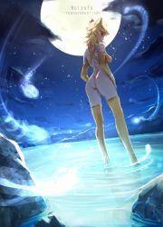 Rule 34 | 1girl, aki9615, ass, back, blonde hair, bottomless, breasts, commentary request, commission, elbow gloves, fox hat, full body, full moon, gloves, halterneck, highres, looking at viewer, looking back, medium breasts, medium hair, moon, moonlight flower, night, ragnarok online, red eyes, second-party source, skeb commission, sky, solo, star (sky), starry sky, thighhighs, upper body, water, yellow gloves, yellow thighhighs