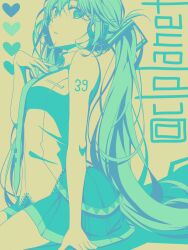 Rule 34 | 1girl, aira (exp), arm at side, artist name, bare shoulders, belt, blue eyes, blue hair, blue necktie, blue skirt, breasts, collared shirt, frilled shirt, frills, from side, hair between eyes, hand on own chest, hatsune miku, headset, highres, limited palette, long hair, looking at viewer, loose belt, medium breasts, miniskirt, necktie, number tattoo, parted lips, pleated skirt, seiza, shadow, shirt, sidelocks, sitting, skirt, sleeveless, sleeveless shirt, solo, tattoo, teeth, tie clip, twintails, very long hair, vocaloid, watermark, yellow background