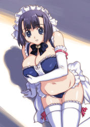 Rule 34 | arm support, blue eyes, breasts, character request, cleavage, elbow gloves, gloves, hirose (mokiki), huge breasts, maid, midriff, original, purple hair, short hair, solo, source request, thighhighs, white thighhighs