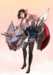 Rule 34 | 10s, 1girl, adjusting eyewear, bare shoulders, black hair, boots, cherry blossoms, detached sleeves, glasses, hairband, highres, japanese clothes, jeanex, kantai collection, kirishima (kancolle), nontraditional miko, open mouth, pantyhose, personification, ribbon-trimmed sleeves, ribbon trim, short hair, solo, thigh boots, thighhighs, turret