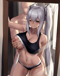Rule 34 | 1girl, absurdres, alternate costume, alternate hairstyle, arm behind back, arm up, azur lane, bare shoulders, black bra, black panties, blue eyes, blush, bra, breasts, chihunhentai, cleavage, collarbone, commission, commissioner upload, faceless, faceless male, from behind, grey hair, groping, hair between eyes, hair ornament, highres, intrepid (azur lane), large breasts, long hair, midriff, mole, mole on breast, non-web source, one eye closed, panties, sideboob, sidelocks, stomach, thighs, twintails, underwear