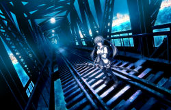 Rule 34 | 1girl, arm at side, aruciii, backpack, bag, black hair, black thighhighs, blue theme, boots, bridge, city lights, dutch angle, gloves, grey hair, hand on own chest, holding, holding sword, holding weapon, katana, lamp, layered sleeves, long sleeves, looking at viewer, miniskirt, night, original, outdoors, pleated skirt, railroad tracks, scabbard, school uniform, shadow, sheath, sheathed, short over long sleeves, short sleeves, single glove, skirt, sky, solo, standing, sword, thighhighs, twintails, vanishing point, weapon, zettai ryouiki