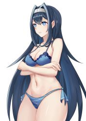 Rule 34 | 1girl, absurdres, blue bra, blue eyes, blue hair, blue panties, bra, breasts, chinese commentary, cleavage, collarbone, crossed arms, dang fengshi yu shangfeng, hair behind ear, hair intakes, highres, hololive, hololive china, medium breasts, navel, panties, parted lips, rosalyn (hololive), silver hairband, sitting, solo, transparent background, underwear, underwear only, virtual youtuber
