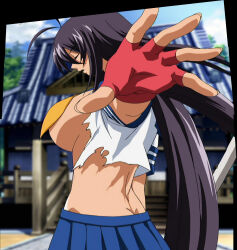 Rule 34 | 00s, 1girl, blue eyes, breasts, ikkitousen, ikkitousen dragon destiny, kan&#039;u unchou, large breasts, long hair, sideboob, stitched, third-party edit, torn clothes