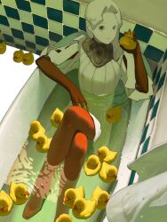Rule 34 | 1girl, bathing, bathtub, breasts, closed mouth, clothed bath, collar, colored skin, crossed legs, dress, from above, full body, grey eyes, gtsleep1200, hair behind ear, hand up, highres, holding, holding toy, indoors, knees up, long hair, looking at viewer, looking up, metal collar, multicolored skin, original, partially submerged, red skin, rubber duck, short dress, short sleeves, sitting, small breasts, solo, tile wall, tiles, toy, two-tone skin, water, wet, white dress, white hair, white skin