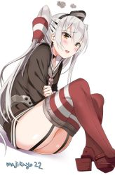 Rule 34 | 10s, 1girl, amatsukaze (kancolle), blush, dress, garter straps, hair between eyes, hair tubes, kantai collection, long hair, looking at viewer, maji (etonato), open mouth, red thighhighs, sailor collar, shadow, short dress, silver hair, simple background, sitting, solo, striped clothes, striped thighhighs, thighhighs, twitter username, two side up, yellow eyes