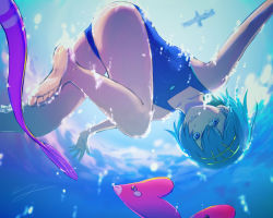 Rule 34 | 1girl, air bubble, bare arms, barefoot, blue eyes, blue hair, blue one-piece swimsuit, bubble, closed mouth, collarbone, commentary request, creatures (company), game freak, gen 3 pokemon, gorebyss, hairband, highres, lana (pokemon), luvdisc, nintendo, ocean, one-piece swimsuit, outstretched arms, pokemon, pokemon (creature), pokemon sm, short hair, signature, soles, swimming, swimsuit, toes, trial captain, underwater, water surface, y (pixiv1616946), yellow hairband