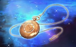 Rule 34 | black background, blue background, chain, galaxy background, gears, glowing, gold chain, no humans, object focus, official art, pocket watch, sparkle, star (sky), third-party source, touhou, touhou cannonball, two-tone background, watch, yayori