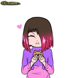 Rule 34 | bete noire, brown hair, closed eyes, cookie, eating, food, glitchtale, pink hair, pink heart, pink shirt, purple shirt, shirt, short hair, bad tag, white background
