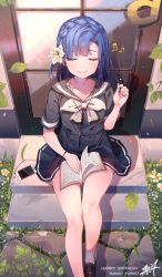 Rule 34 | 1girl, black sailor collar, black shirt, black skirt, blue hair, blush, book, bow, bowtie, braid, breasts, cable, cellphone, cleavage, closed eyes, closed mouth, collarbone, commentary request, day, door, earphones, eyelashes, facing viewer, flower, grass, hair flower, hair ornament, hand up, happy birthday, highres, holding, holding own hair, idolmaster, idolmaster million live!, kuri choko, leaf, miniskirt, musical note, nanao yuriko, open book, outdoors, pavement, phone, plant, pleated skirt, sailor collar, school uniform, shadow, shirt, short sleeves, signature, sitting, skirt, small breasts, smartphone, smile, solo, sunlight, white bow, white bowtie, white flower, wristband, yellow flower
