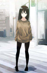 Rule 34 | 1girl, black hair, black pantyhose, blurry, blurry background, breasts, brown sweater, building, closed mouth, commentary request, crosswalk, full body, green eyes, highres, inami hatoko, long hair, long sleeves, looking at viewer, medium breasts, original, pantyhose, sleeves past elbows, solo, standing, sweater
