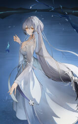 Rule 34 | 1girl, absurdres, azur lane, blue fire, chinese clothes, commentary request, dress, fire, flantia, grey hair, hai tien (autumn night of wandering spirits) (azur lane), hai tien (azur lane), hanfu, highres, lake, long hair, looking at viewer, looking back, low-tied long hair, official alternate costume, see-through, see-through dress, solo, standing, standing on liquid, very long hair, white dress, wide sleeves, yellow eyes