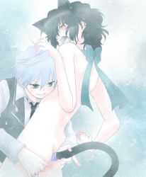 Rule 34 | 00s, 2boys, anal, anal object insertion, animal ears, black hair, blonde hair, bow, cat ears, dildo, gasp, gilbert nightray, green eyes, male focus, male penetrated, multiple boys, necktie, nude, object insertion, oz vessalius, pandora hearts, sex toy, yaoi, yellow eyes