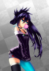 Rule 34 | 10s, 1girl, absurdres, alternate hairstyle, arantheus, asymmetrical legwear, bare shoulders, black hair, black rock shooter, black rock shooter (character), blue eyes, breasts, blowing bubbles, chewing gum, choker, glowing, half updo, hands in pockets, highres, long hair, non-web source, pin, short shorts, shorts, side ponytail, single thighhigh, small breasts, solo, thighhighs, uneven legwear
