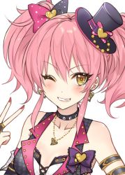 Rule 34 | 1girl, armband, black vest, blush, bow, breasts, collar, collarbone, earrings, eyelashes, grin, haikimono shounen, hair between eyes, hair bow, hand gesture, hat, heart, heart earrings, idolmaster, idolmaster cinderella girls, jewelry, jougasaki mika, long hair, looking at viewer, medium breasts, mini hat, nail polish, necklace, pink hair, pink nails, sidelocks, simple background, smile, solo, twintails, v, vest, white background, yellow eyes