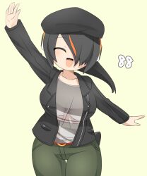Rule 34 | 1girl, alternate costume, arm up, belt, black hair, black hat, black jacket, blazer, breasts, cabbie hat, closed eyes, commentary request, cowboy shot, emperor penguin (kemono friends), green background, green pants, grey shirt, hair between eyes, hair over one eye, hat, headphones, highres, jacket, kemono friends, large breasts, lets0020, long bangs, medium hair, multicolored hair, numbered, open clothes, open jacket, open mouth, orange hair, pants, red belt, shirt, simple background, smile, solo, streaked hair, t-shirt, waving