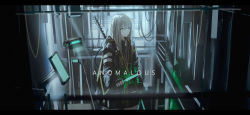 Rule 34 | 1girl, alcxome, artist name, black coat, window blinds, coat, commentary, cowboy shot, english commentary, english text, fingerless gloves, gloves, glowstick, green eyes, highres, holding, holding glowstick, indoors, letterboxed, long sleeves, monitor, original, silver hair, solo, weapon, weapon on back, window, wire