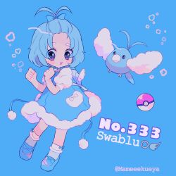 Rule 34 | 1girl, blue background, blue bow, blue dress, blue footwear, blue hair, bow, character name, creature and personification, creatures (company), dress, eyes visible through hair, full body, fur trim, game freak, gen 3 pokemon, hair bow, hands up, highres, narumame, nintendo, open mouth, personification, poke ball, poke ball (basic), pokedex number, pokemon, pokemon (creature), puffy short sleeves, puffy sleeves, shoes, short hair, short sleeves, simple background, smile, swablu