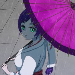 Rule 34 | 1girl, aqua eyes, artist name, artist request, blush, bow, breasts, cleavage, collarbone, female focus, green eyes, hair ornament, hair ribbon, hair scrunchie, highres, holding, holding umbrella, japanese clothes, kimono, long hair, looking at viewer, love live!, love live! school idol festival, love live! school idol project, low ponytail, medium breasts, miko, parted lips, ponytail, purple hair, purple umbrella, rain, red bow, red ribbon, ribbon, scrunchie, smile, solo, tojo nozomi, umbrella, upper body, white kimono, wide sleeves