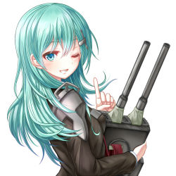 Rule 34 | 10s, 1girl, blush, green eyes, green hair, index finger raised, kantai collection, long sleeves, looking at viewer, one eye closed, parted lips, smile, solo, suzuya (kancolle), teeth, upper body, yatsu seisakusho