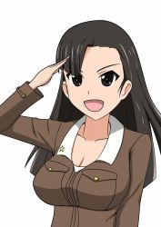 Rule 34 | 1girl, asymmetrical bangs, breasts, brown eyes, brown hair, brown jacket, chi-hatan military uniform, cleavage, girls und panzer, jacket, large breasts, long hair, medium breasts, nishi kinuyo, notogoro, open mouth, salute, solo, white background