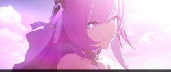 Rule 34 | 1girl, bare shoulders, chinese commentary, closed mouth, cloud, cloudy sky, collarbone, elysia (herrscher of human:ego) (honkai impact), elysia (honkai impact), highres, honkai (series), honkai impact 3rd, long hair, looking at viewer, official art, official wallpaper, outdoors, pink eyes, pink hair, pointy ears, sky, smile, solo, sunlight