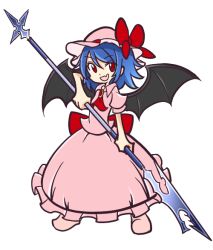 Rule 34 | 1girl, bad id, bad pixiv id, bat wings, blue hair, hat, kingdom hearts, open mouth, polearm, red eyes, remilia scarlet, ribbon, shinmon akika, short hair, simple background, smile, solo, spear, touhou, weapon, white background, wings