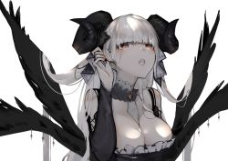 Rule 34 | 1girl, adjusting hair, alternate costume, azur lane, black horns, black nails, black wings, blunt bangs, breasts, choker, cleavage, commentary request, curled horns, demon girl, detached collar, detached sleeves, drop earrings, earrings, formidable (azur lane), hair flowing over, hair ribbon, hand up, horns, jewelry, lace, lace choker, large breasts, lips, long hair, looking at viewer, nail polish, neko (ganecooo), open mouth, partial commentary, pierced wings, red eyes, ribbon, simple background, solo, upper body, white background, white hair, wings