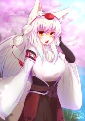Rule 34 | 1girl, absurdres, alternate hair length, alternate hairstyle, animal ear fluff, animal ears, black gloves, blue sky, blush, breasts, cherry blossoms, cowboy shot, cross-laced clothes, cross-laced sleeves, dated, day, elbow gloves, fang, gloves, grass, hand hair, hat, highres, inubashiri momiji, large breasts, leaf print, lens flare, long hair, long sleeves, looking at viewer, maple leaf print, medium bangs, open mouth, orange eyes, otomen maru-no-uchi, outdoors, pom pom (clothes), print skirt, red hat, red skirt, shirt, sidelocks, signature, skirt, sky, solo, tail, tokin hat, touhou, tree, white hair, white shirt, wide sleeves, wolf ears, wolf girl, wolf tail