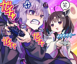 Rule 34 | +++, 2girls, :3, absurdres, ahoge, anger vein, armored core grip, black hoodie, blade, blue skirt, blush, brown hair, clenched teeth, commentary request, controller, dated, dualshock, faco, furrowed brow, game controller, gamepad, grimace, hair ornament, headgear, highres, holding, holding controller, holding game controller, hood, hood down, hoodie, japanese clothes, kimono, kiritanpo (food), laughing, long sleeves, looking at another, looking to the side, motion lines, multiple girls, obi, open clothes, open hoodie, oversized food, oversized object, playing games, playstation controller, pleated skirt, purple eyes, purple hair, rainbow background, red eyes, reverse grip, sash, short hair with long locks, signature, skirt, smug, speech bubble, sweat, teasing, teeth, touhoku kiritan, translation request, twintails, uneven eyes, vocaloid, voiceroid, watermark, white kimono, wide sleeves, yuzuki yukari