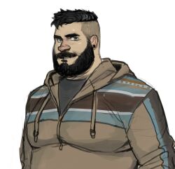 Rule 34 | 1boy, bara, beard, belly, ear piercing, eli (philipposole), facial hair, fat, fat man, highres, hood, hoodie, large pectorals, looking at viewer, male focus, mature male, mustache, original, pectorals, philipposole, piercing, short hair, sketch, solo, thick eyebrows, thick mustache, undercut, upper body