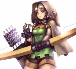Rule 34 | 1girl, arrow (projectile), bow (weapon), braid, breasts, chipmunk, dragon&#039;s crown, elf (dragon&#039;s crown), gloves, hood, hoodie, katagiri (a1466502), long hair, pointy ears, pout, quiver, red eyes, short shorts, shorts, silver hair, simple background, solo, squirrel, squirrel tomodachi, twin braids, weapon, white background