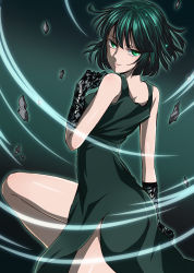 Rule 34 | 1girl, absurdres, bad id, bad pixiv id, bare legs, black dress, dress, from behind, fubuki (one-punch man), gloves, green eyes, green hair, highres, lace, lace gloves, looking back, matching hair/eyes, one-punch man, sharumon, short hair, side slit, smile, solo